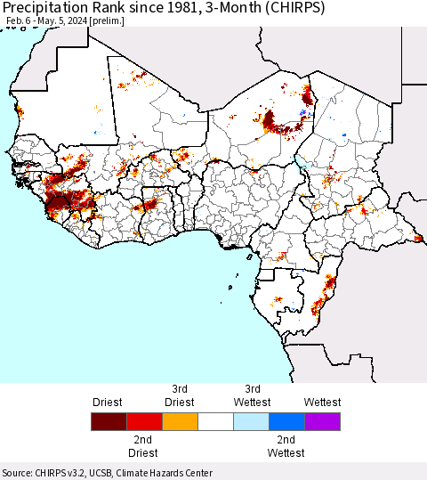 Western Africa Precipitation Rank since 1981, 3-Month (CHIRPS) Thematic Map For 2/6/2024 - 5/5/2024