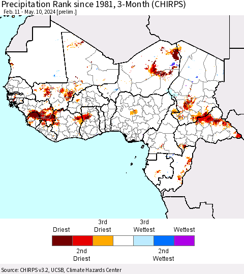Western Africa Precipitation Rank since 1981, 3-Month (CHIRPS) Thematic Map For 2/11/2024 - 5/10/2024