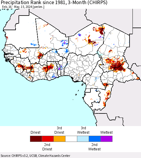 Western Africa Precipitation Rank since 1981, 3-Month (CHIRPS) Thematic Map For 2/16/2024 - 5/15/2024