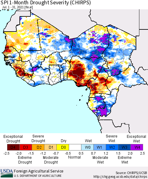 Western Africa SPI 1-Month Drought Severity (CHIRPS) Thematic Map For 7/1/2021 - 7/31/2021