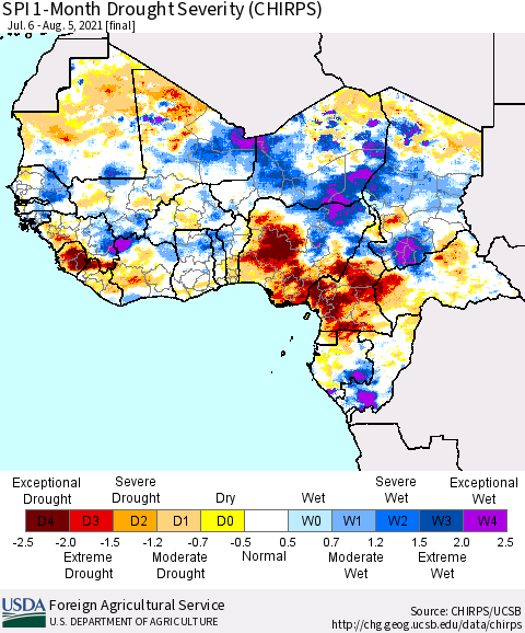 Western Africa SPI 1-Month Drought Severity (CHIRPS) Thematic Map For 7/6/2021 - 8/5/2021