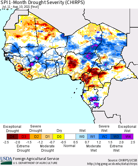 Western Africa SPI 1-Month Drought Severity (CHIRPS) Thematic Map For 7/11/2021 - 8/10/2021