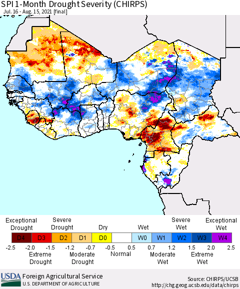 Western Africa SPI 1-Month Drought Severity (CHIRPS) Thematic Map For 7/16/2021 - 8/15/2021