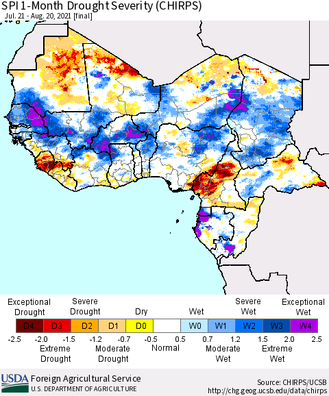 Western Africa SPI 1-Month Drought Severity (CHIRPS) Thematic Map For 7/21/2021 - 8/20/2021