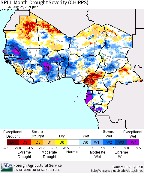 Western Africa SPI 1-Month Drought Severity (CHIRPS) Thematic Map For 7/26/2021 - 8/25/2021