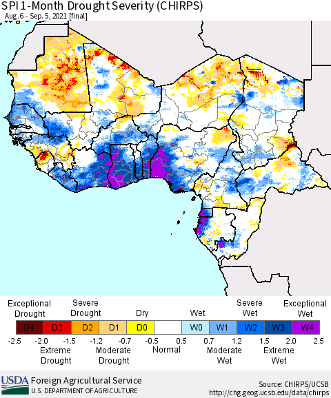 Western Africa SPI 1-Month Drought Severity (CHIRPS) Thematic Map For 8/6/2021 - 9/5/2021