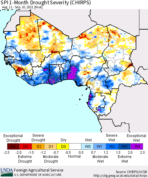 Western Africa SPI 1-Month Drought Severity (CHIRPS) Thematic Map For 8/11/2021 - 9/10/2021
