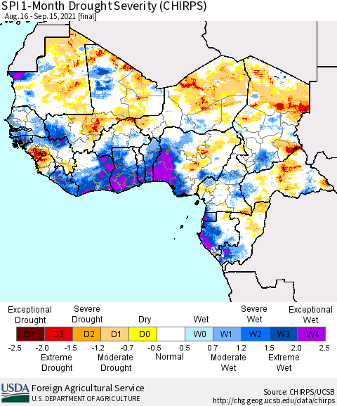 Western Africa SPI 1-Month Drought Severity (CHIRPS) Thematic Map For 8/16/2021 - 9/15/2021