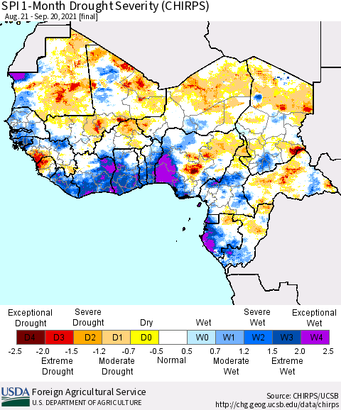 Western Africa SPI 1-Month Drought Severity (CHIRPS) Thematic Map For 8/21/2021 - 9/20/2021