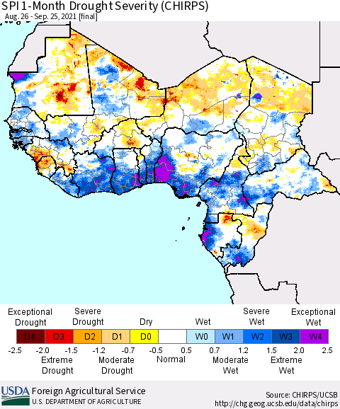 Western Africa SPI 1-Month Drought Severity (CHIRPS) Thematic Map For 8/26/2021 - 9/25/2021