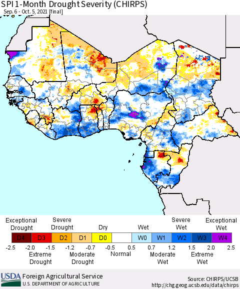 Western Africa SPI 1-Month Drought Severity (CHIRPS) Thematic Map For 9/6/2021 - 10/5/2021