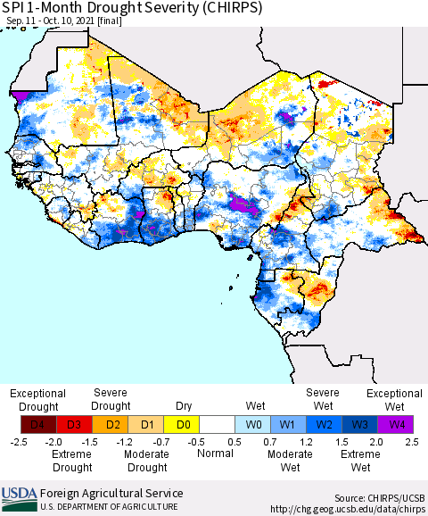 Western Africa SPI 1-Month Drought Severity (CHIRPS) Thematic Map For 9/11/2021 - 10/10/2021