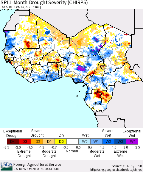 Western Africa SPI 1-Month Drought Severity (CHIRPS) Thematic Map For 9/16/2021 - 10/15/2021