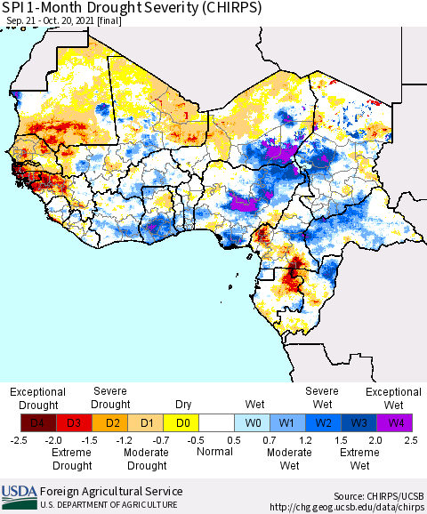 Western Africa SPI 1-Month Drought Severity (CHIRPS) Thematic Map For 9/21/2021 - 10/20/2021