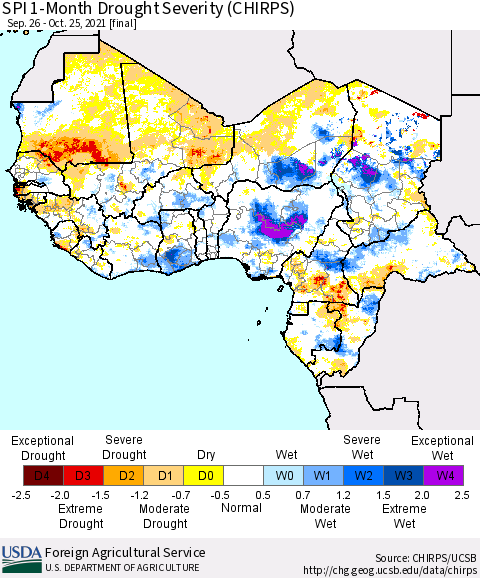 Western Africa SPI 1-Month Drought Severity (CHIRPS) Thematic Map For 9/26/2021 - 10/25/2021