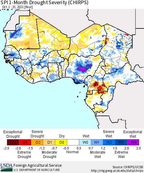 Western Africa SPI 1-Month Drought Severity (CHIRPS) Thematic Map For 10/1/2021 - 10/31/2021