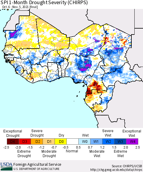 Western Africa SPI 1-Month Drought Severity (CHIRPS) Thematic Map For 10/6/2021 - 11/5/2021