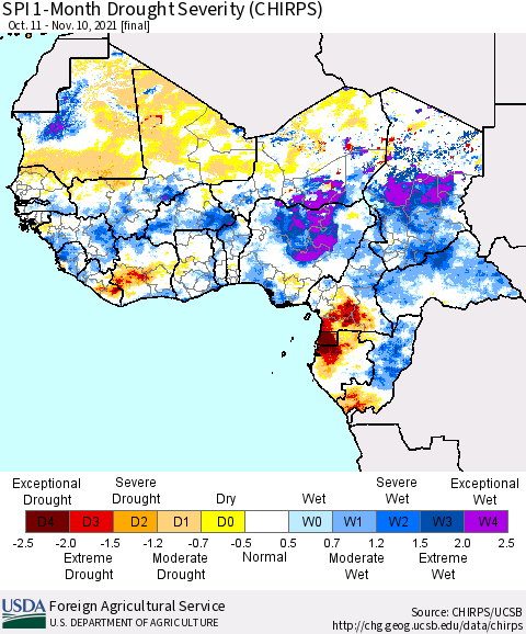 Western Africa SPI 1-Month Drought Severity (CHIRPS) Thematic Map For 10/11/2021 - 11/10/2021