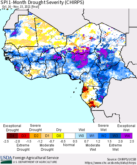 Western Africa SPI 1-Month Drought Severity (CHIRPS) Thematic Map For 10/16/2021 - 11/15/2021