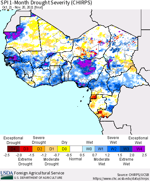 Western Africa SPI 1-Month Drought Severity (CHIRPS) Thematic Map For 10/21/2021 - 11/20/2021