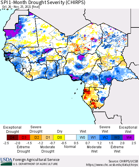 Western Africa SPI 1-Month Drought Severity (CHIRPS) Thematic Map For 10/26/2021 - 11/25/2021