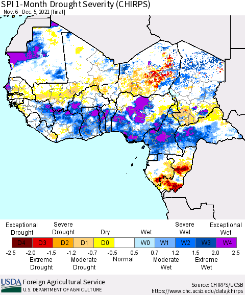 Western Africa SPI 1-Month Drought Severity (CHIRPS) Thematic Map For 11/6/2021 - 12/5/2021