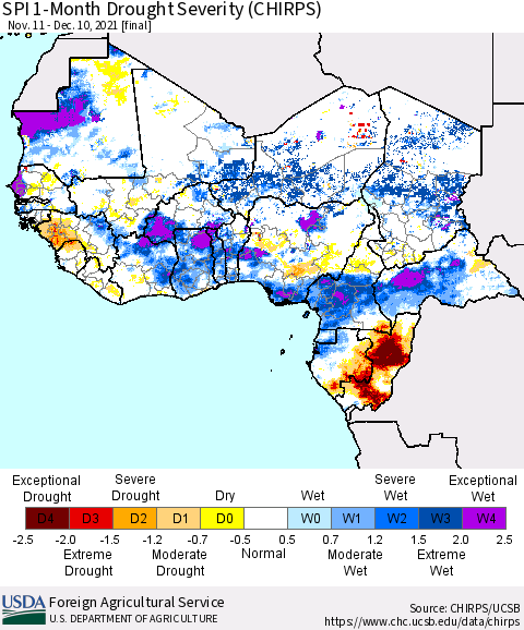 Western Africa SPI 1-Month Drought Severity (CHIRPS) Thematic Map For 11/11/2021 - 12/10/2021