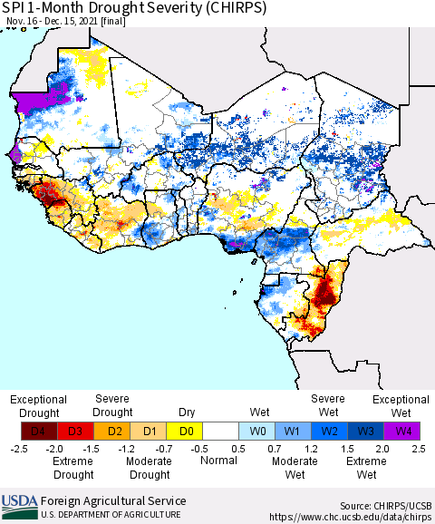 Western Africa SPI 1-Month Drought Severity (CHIRPS) Thematic Map For 11/16/2021 - 12/15/2021