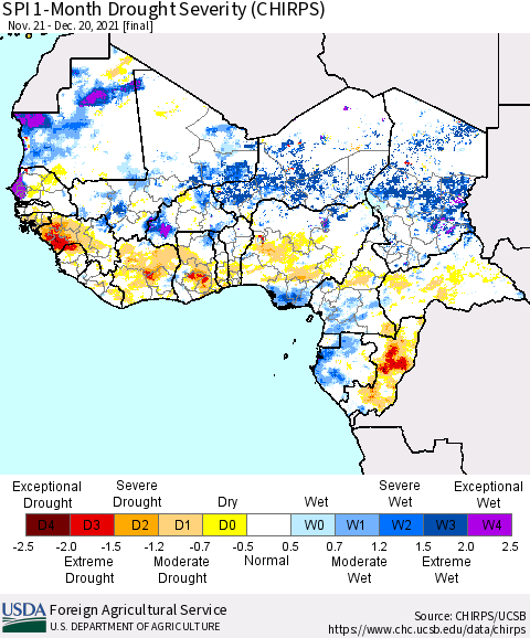 Western Africa SPI 1-Month Drought Severity (CHIRPS) Thematic Map For 11/21/2021 - 12/20/2021