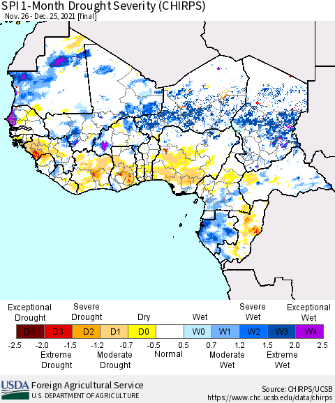 Western Africa SPI 1-Month Drought Severity (CHIRPS) Thematic Map For 11/26/2021 - 12/25/2021