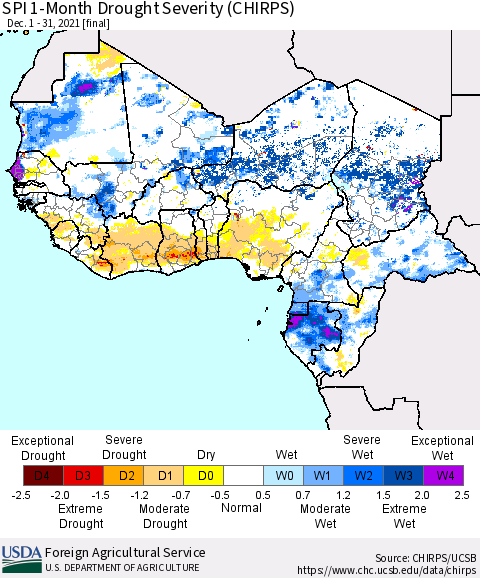 Western Africa SPI 1-Month Drought Severity (CHIRPS) Thematic Map For 12/1/2021 - 12/31/2021
