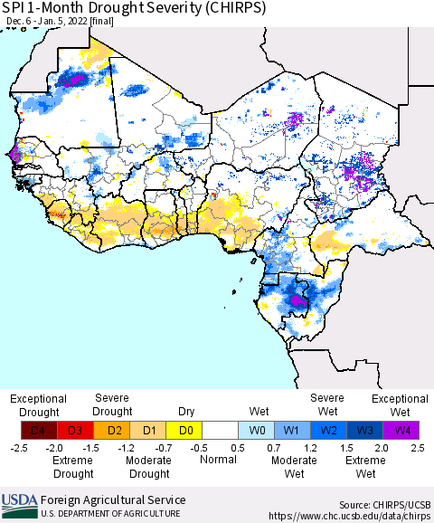 Western Africa SPI 1-Month Drought Severity (CHIRPS) Thematic Map For 12/6/2021 - 1/5/2022