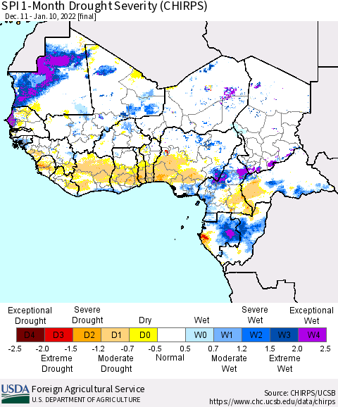Western Africa SPI 1-Month Drought Severity (CHIRPS) Thematic Map For 12/11/2021 - 1/10/2022