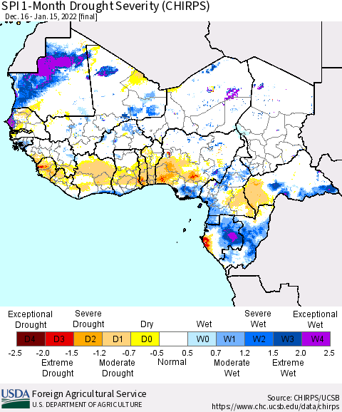 Western Africa SPI 1-Month Drought Severity (CHIRPS) Thematic Map For 12/16/2021 - 1/15/2022