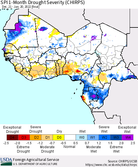 Western Africa SPI 1-Month Drought Severity (CHIRPS) Thematic Map For 12/21/2021 - 1/20/2022