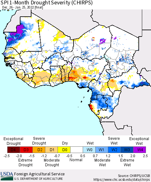 Western Africa SPI 1-Month Drought Severity (CHIRPS) Thematic Map For 12/26/2021 - 1/25/2022