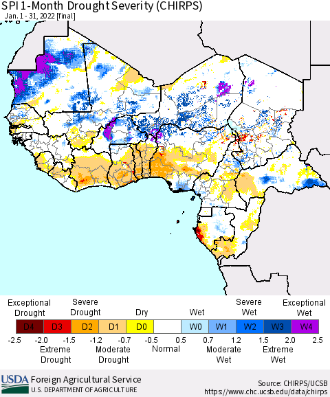 Western Africa SPI 1-Month Drought Severity (CHIRPS) Thematic Map For 1/1/2022 - 1/31/2022