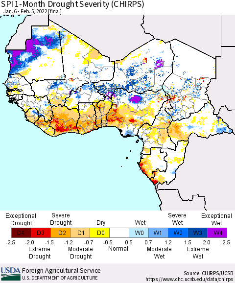 Western Africa SPI 1-Month Drought Severity (CHIRPS) Thematic Map For 1/6/2022 - 2/5/2022