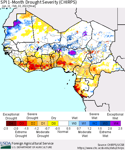 Western Africa SPI 1-Month Drought Severity (CHIRPS) Thematic Map For 1/11/2022 - 2/10/2022