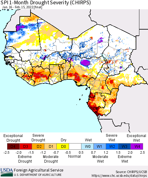 Western Africa SPI 1-Month Drought Severity (CHIRPS) Thematic Map For 1/16/2022 - 2/15/2022