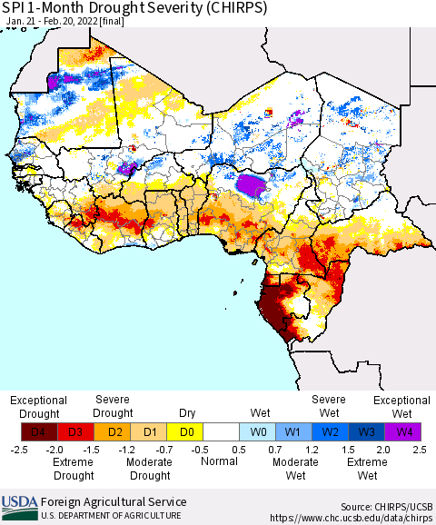 Western Africa SPI 1-Month Drought Severity (CHIRPS) Thematic Map For 1/21/2022 - 2/20/2022