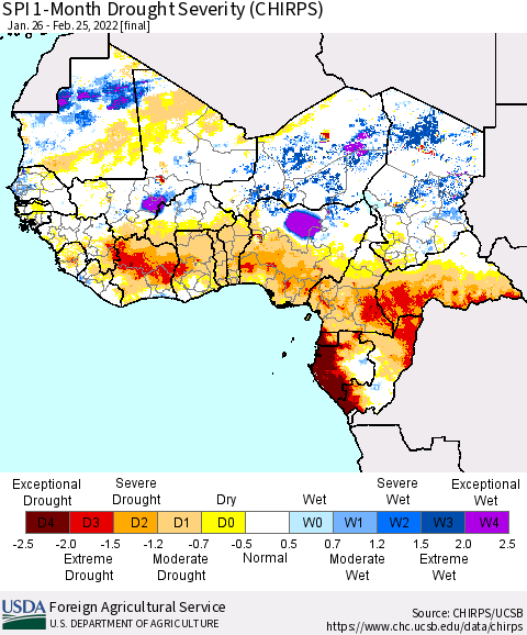 Western Africa SPI 1-Month Drought Severity (CHIRPS) Thematic Map For 1/26/2022 - 2/25/2022