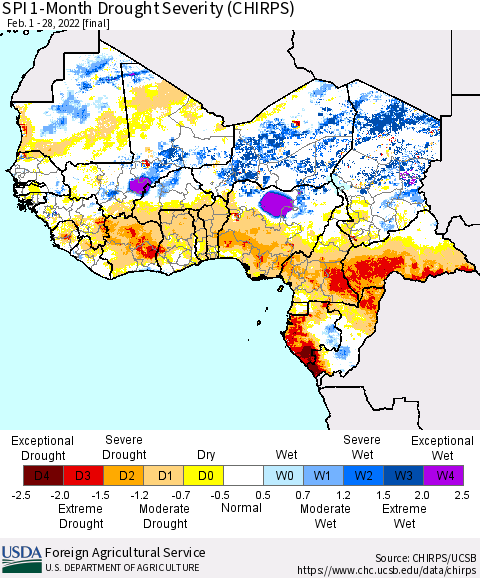 Western Africa SPI 1-Month Drought Severity (CHIRPS) Thematic Map For 2/1/2022 - 2/28/2022