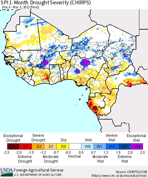 Western Africa SPI 1-Month Drought Severity (CHIRPS) Thematic Map For 2/6/2022 - 3/5/2022