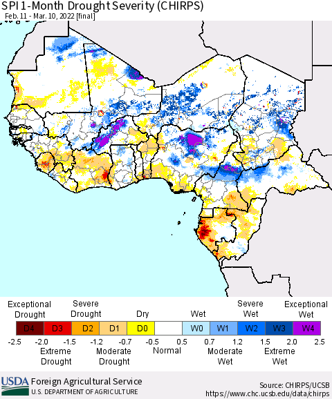 Western Africa SPI 1-Month Drought Severity (CHIRPS) Thematic Map For 2/11/2022 - 3/10/2022
