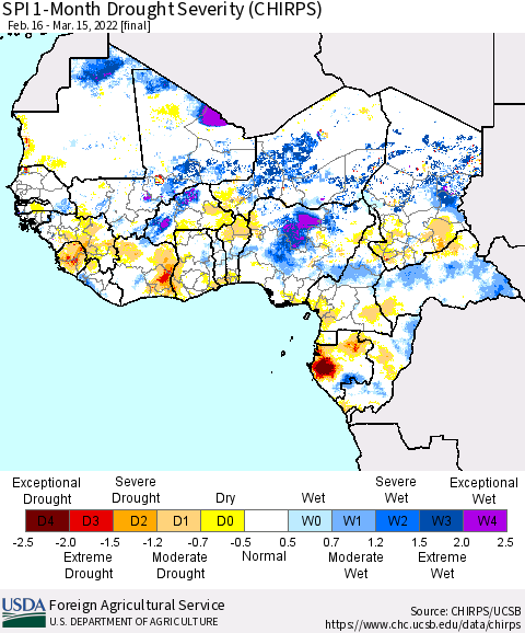 Western Africa SPI 1-Month Drought Severity (CHIRPS) Thematic Map For 2/16/2022 - 3/15/2022