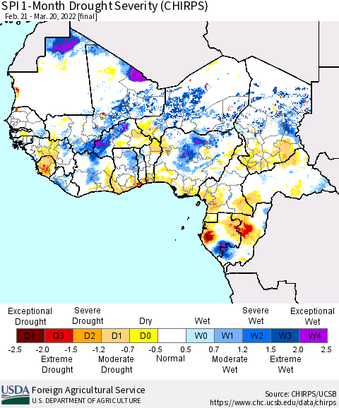 Western Africa SPI 1-Month Drought Severity (CHIRPS) Thematic Map For 2/21/2022 - 3/20/2022