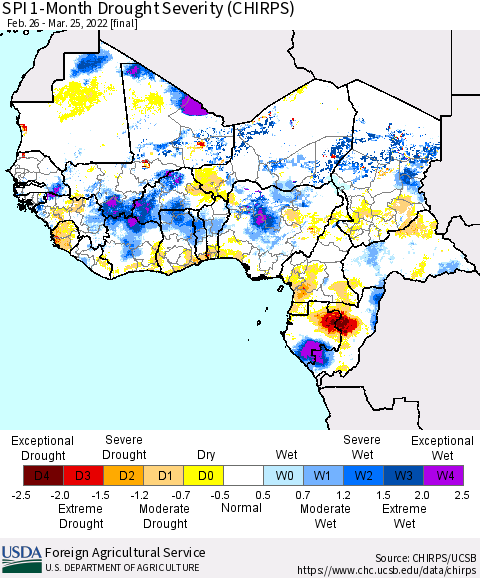 Western Africa SPI 1-Month Drought Severity (CHIRPS) Thematic Map For 2/26/2022 - 3/25/2022