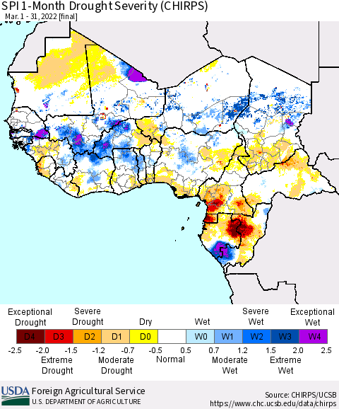 Western Africa SPI 1-Month Drought Severity (CHIRPS) Thematic Map For 3/1/2022 - 3/31/2022