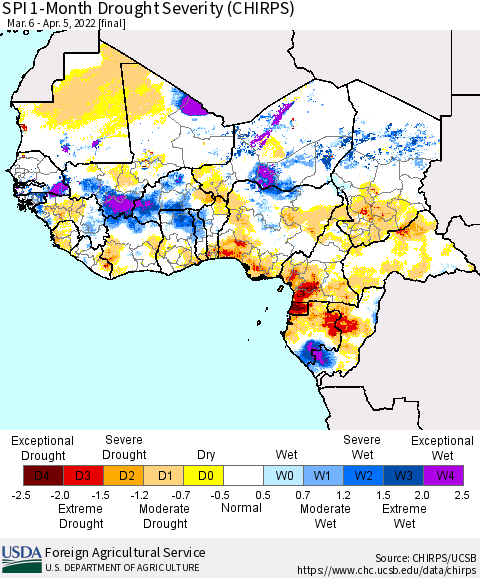 Western Africa SPI 1-Month Drought Severity (CHIRPS) Thematic Map For 3/6/2022 - 4/5/2022